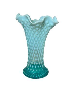 Vintage Northwood Swung Vase Diamond Point Aqua Blue Opalescent 7.5"